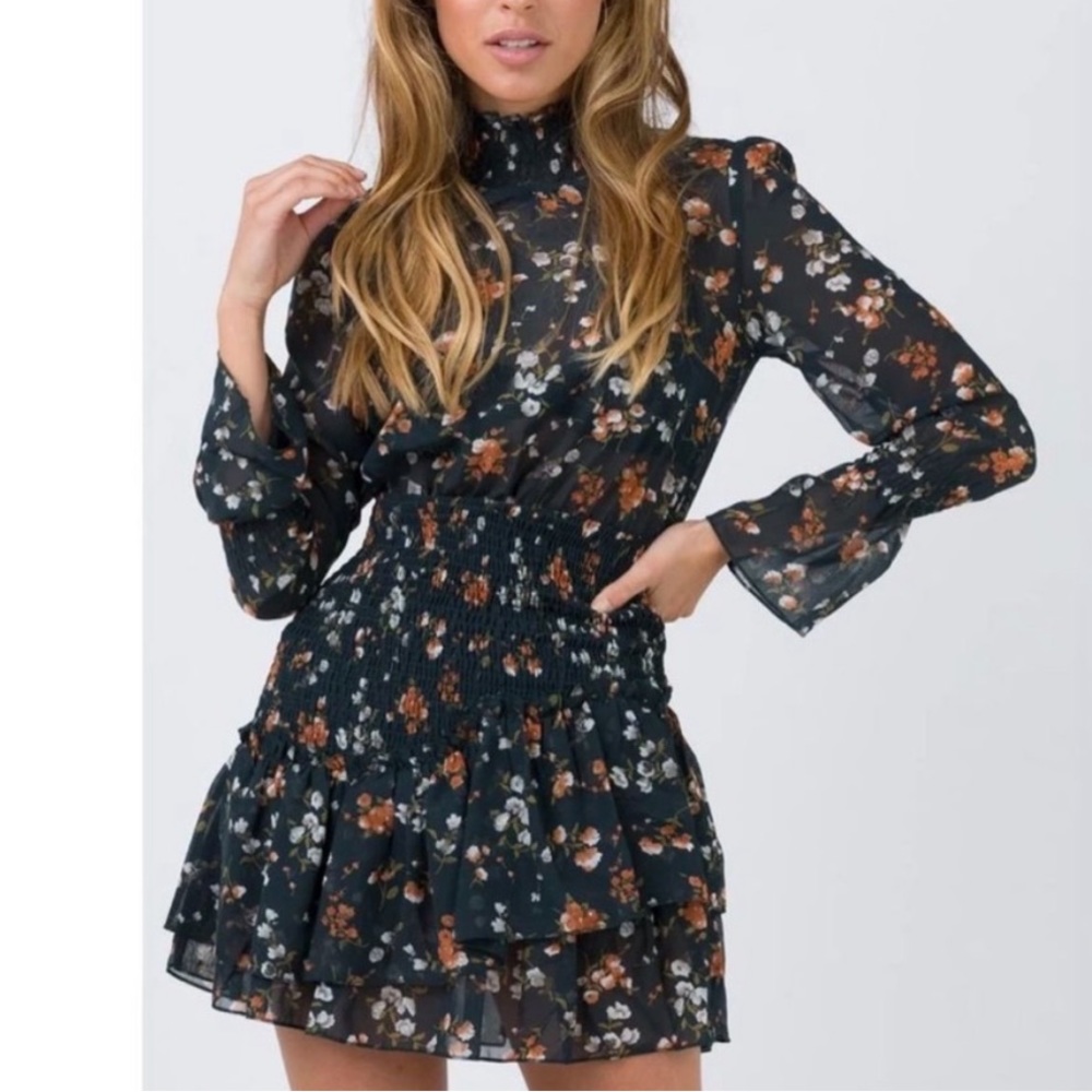 Princess Polly | ‘Evening Bloom’ Floral Mini Dress Ruffles Smocked